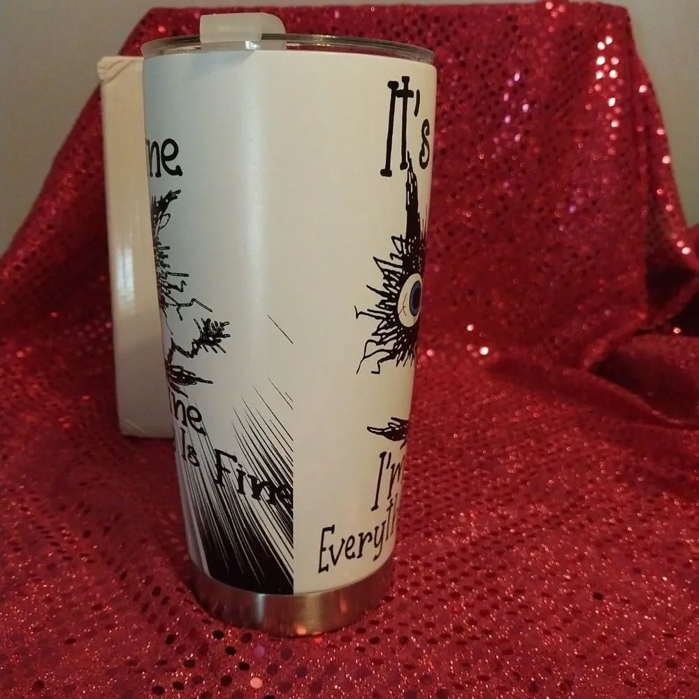Funny Black Cat 20oz Tumbler Sarcastic Meme It's Fine I'm Fine Travel Mug